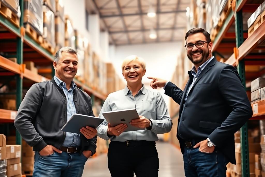 Three colleagues with tablets in a warehouse aisle